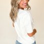 White Multicolor Stitch Detail Cable Knit Short Sleeve Sweater