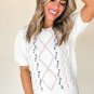 White Multicolor Stitch Detail Cable Knit Short Sleeve Sweater