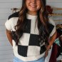 Black Checkered Color Block Crew Neck Short Sleeve Sweater
