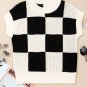 Black Checkered Color Block Crew Neck Short Sleeve Sweater