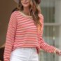 Fiery Red Contrast Trimmed Striped Drop Shoulder Sweater