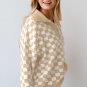 Apricot Checkered Buttons Collar V Neck Drop Shoulder Sweater