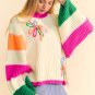 Beige Colorblock Flower Print Cable Knit Loose Sweater
