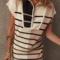 Khaki Stripe Color Block Quarter Zip Collar Short Sleeve Sweater Dress