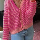 Pink Striped Buttoned V Neck Drop Shoulder Cardigan