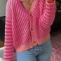 Pink Striped Buttoned V Neck Drop Shoulder Cardigan
