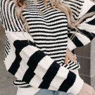 Black white Striped Drop Shoulder Bishop Sleeve Knit Sweater