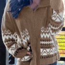Brown Western Printed Ribbed Trim Collared Zip up Cardigan