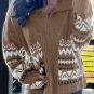 Brown Western Printed Ribbed Trim Collared Zip up Cardigan