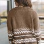 Brown Western Printed Ribbed Trim Collared Zip up Cardigan