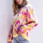 Khaki Abstract Print Colorblock Balloon Sleeve Sweater