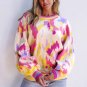 Khaki Abstract Print Colorblock Balloon Sleeve Sweater