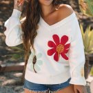 White Big Flower Pattern V Neck Drop Shoulder Sweater