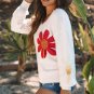 White Big Flower Pattern V Neck Drop Shoulder Sweater