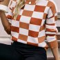 Orange Checkered Ribbed Edge O Neck Drop Shoulder Sweater