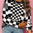 Black Checkered Print Drop Shoulder Round Neck Sweater