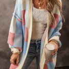 Blue Checkered Drop Shoulder Exposed Seam Open Front Cardigan