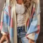 Blue Checkered Drop Shoulder Exposed Seam Open Front Cardigan