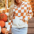 Gold Flame Checkered Split Neck Kangaroo Pocket Hooded Sweater