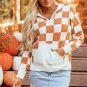 Gold Flame Checkered Split Neck Kangaroo Pocket Hooded Sweater