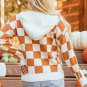 Gold Flame Checkered Split Neck Kangaroo Pocket Hooded Sweater