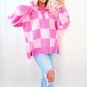 Pink Checkerboard Half Button Collared Drop Shoulder Sweater