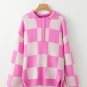 Pink Checkerboard Half Button Collared Drop Shoulder Sweater