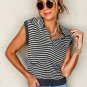 Gray Stripe Collared V Neck Sweater Vest with Pockets