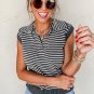 Gray Stripe Collared V Neck Sweater Vest with Pockets