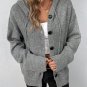 Medium Grey Drawstring Hooded Button Up Drop Shoulder Sweater Cardigan
