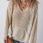 Jet Stream Hollow out Kangaroo Pocket V Neck Hooded Sweater