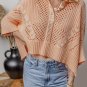 Apricot Pink Hollowed Knit 3/4 Dolman Sleeve Buttoned Collared Sweater