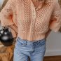Apricot Pink Hollowed Knit 3/4 Dolman Sleeve Buttoned Collared Sweater