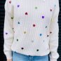 Beige Sequin Heart Shape Waffle Knit Round Neck Sweater