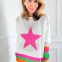 White Star Pattern Colorblock Striped Edge Drop Shoulder Sweater