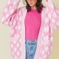 Pink Rhombus Pattern Knit Open Front Pocketed Cardigans