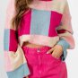 Rose Red Color Block Drop Shoulder Crewneck Loose Fit Sweater