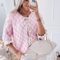 Light Pink Checkered Knitted Lace Up Ruffled 3/4 Sleeve Cardigan