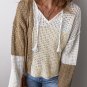 Brown Colorblock Hollow out Front Tie V Neck Lightweight Sweater