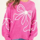 Bright Pink Corded Flower Bow Ribbed Trim Casual Sweater