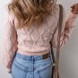 Gossamer Pink Openwork Plaid Puff Sleeve Cropped Sweater