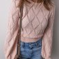 Gossamer Pink Openwork Plaid Puff Sleeve Cropped Sweater