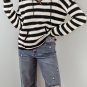 White Stripe V Neck Pocketed Drawstring Hooded Sweater