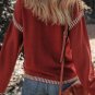 Red Dahlia Color Contrast Trim Drop Shoulder Crew Neck Sweater