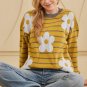 Yellow Stripe Daisy Floral Knitted Round Neck Sweater