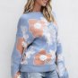 Beau Blue Floral O Neck Drop Shoulder Knitted Sweater