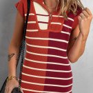 Brown Stripe Color Block Quarter Zip Collar Short Sleeve Sweater Dress
