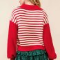 Red Stripe Lantern Sleeve V Neck Collared Drop Shoulder Sweater