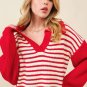 Red Stripe Lantern Sleeve V Neck Collared Drop Shoulder Sweater