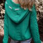 Sea Green Cable Knit V Neck Contrast Drawstring Hooded Sweater